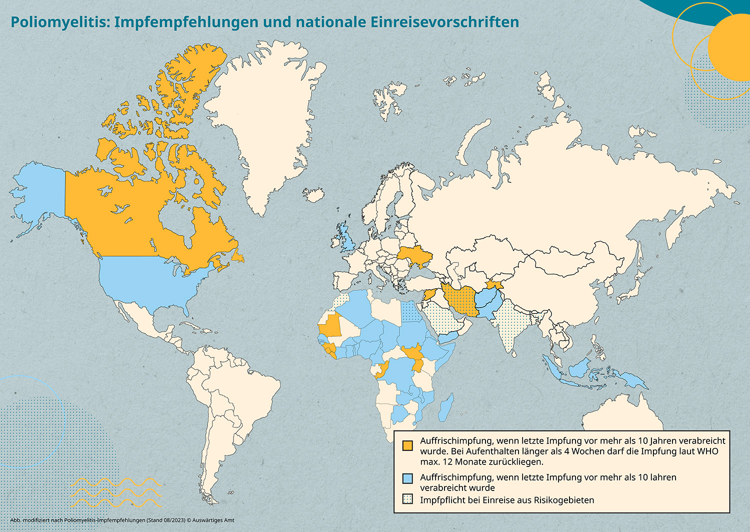 Weltkarte zu Polio: Impfempfehlung und Einreisevorschriften